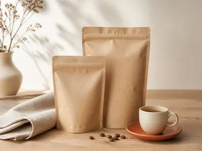 Kaffeprodukter og en keramikkop på en varm cremefarvet baggrund.